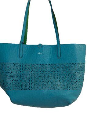 Ralph Lauren Littlebury Cut Out Tote Reversible Bag Green Blue 18x13” Resort
